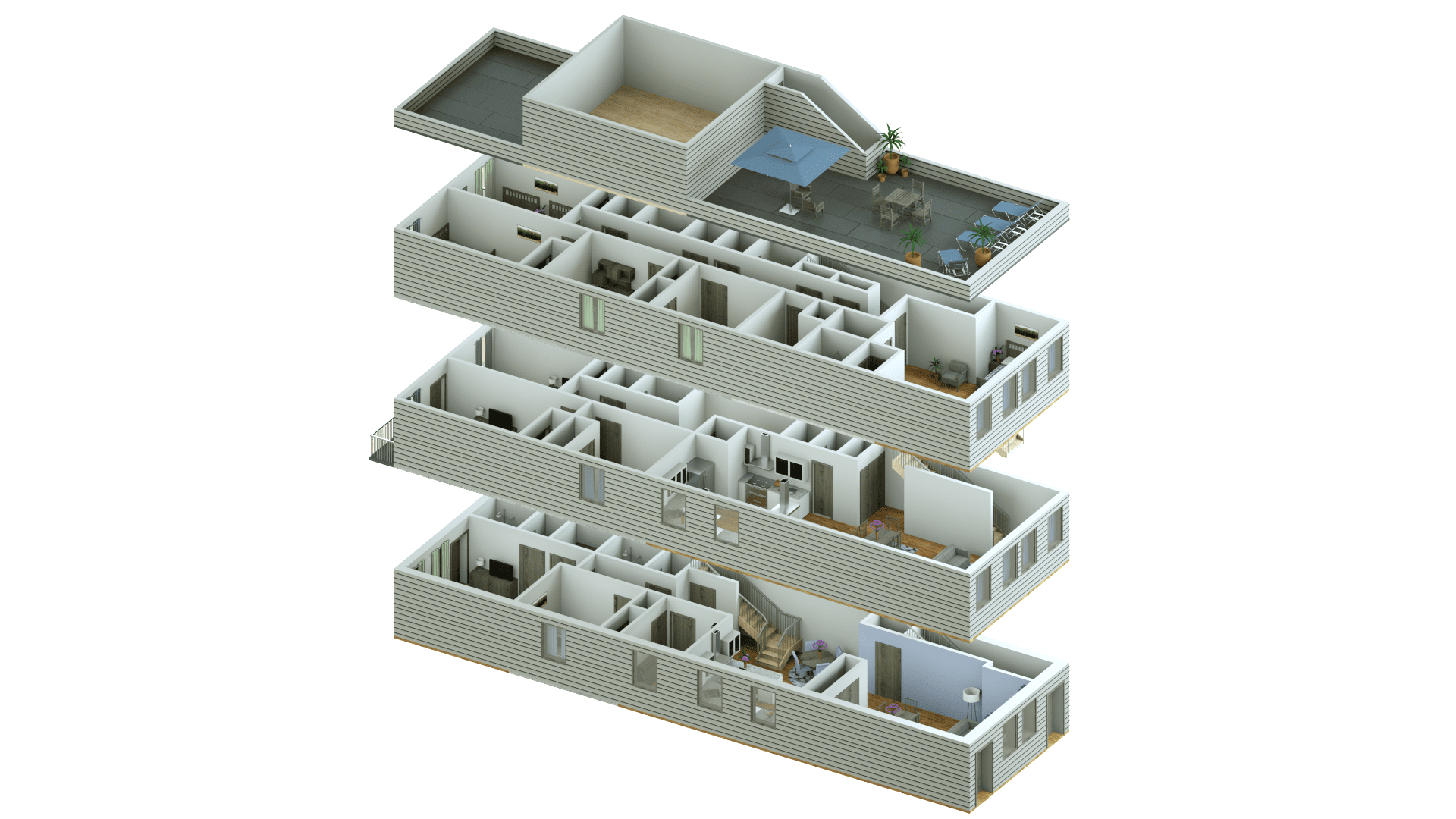 3D Renderings of a parallel stacked floorplan