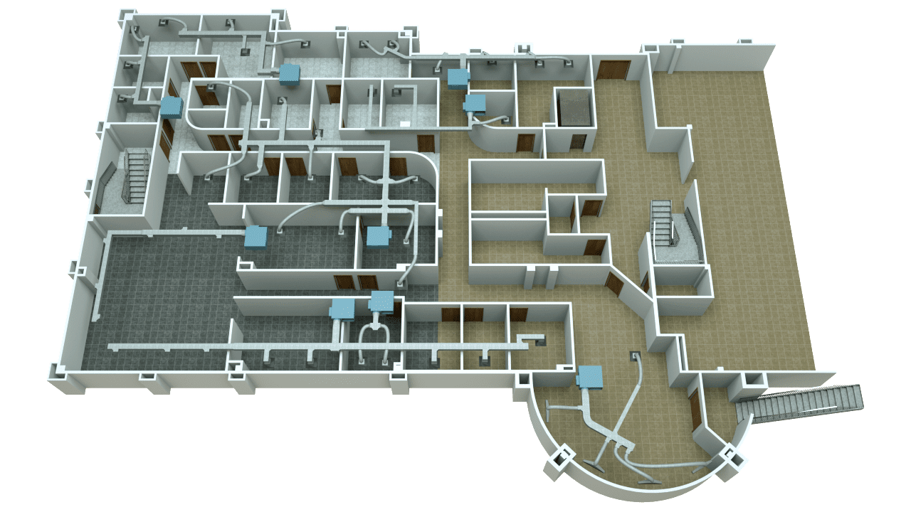 3D Floor Plan with ducts & zones showing